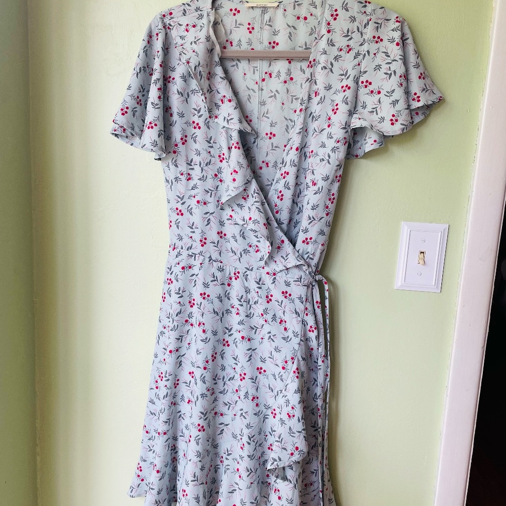 easel cherry print ruffle sleeves light blue wrap dress, S 🍒